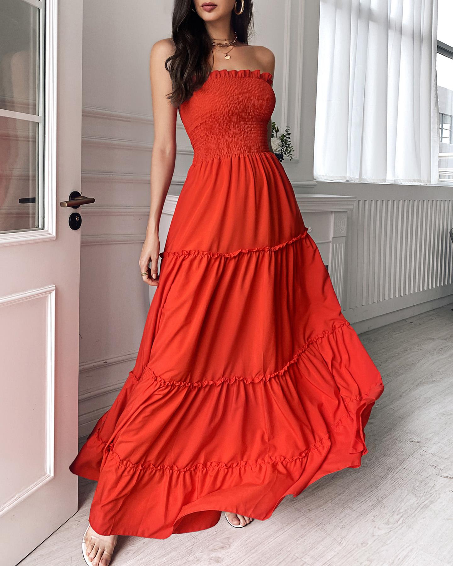 

Bandeau Shirring Design Layered Ruffles Maxi Dress, Orange