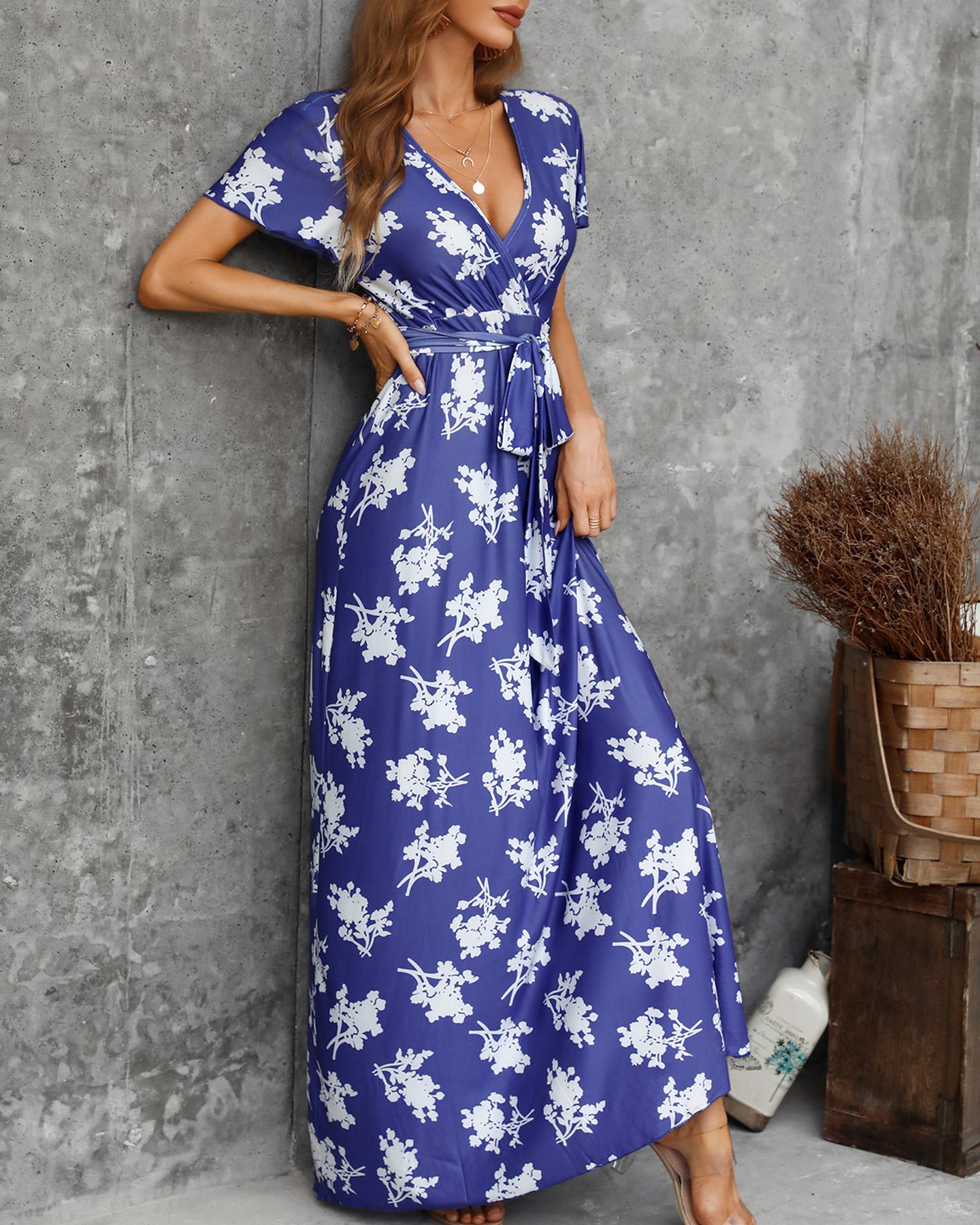 

Floral V Neck Tie Waist Maxi Dress, Blue