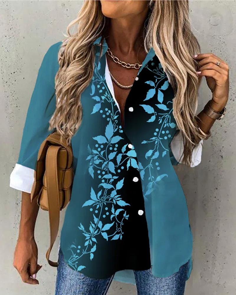 

Plants Print Long Sleeve Button Down Shirt, Blue