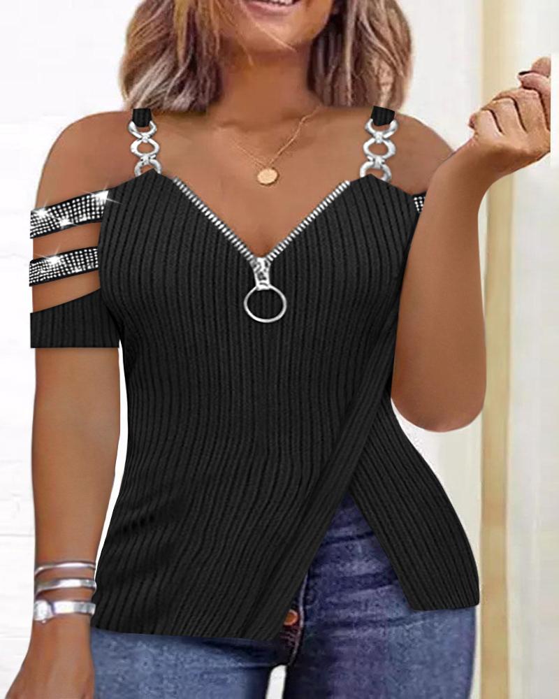 

Plus Size Slit Cold Shoulder Ladder Cutout Rhinestone Top, Black