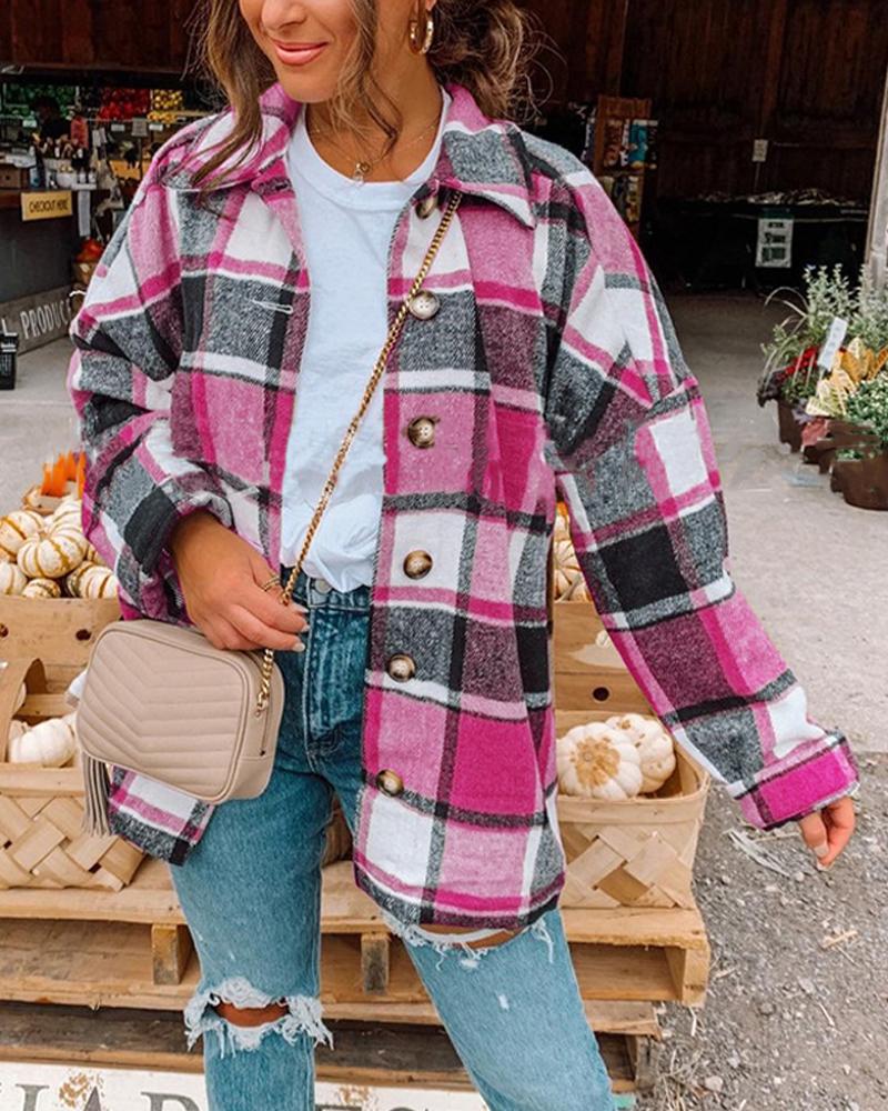 

Big Checked Long Sleeve Loose Blouse Coats, Hot pink