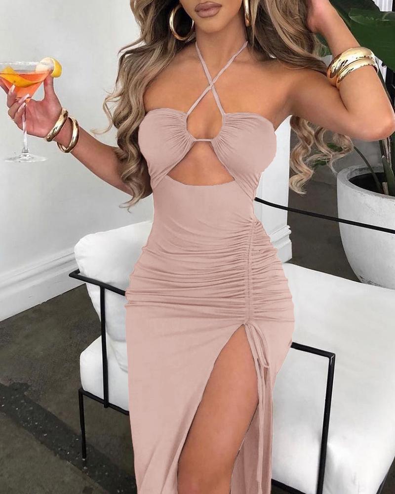 

Chocolate Cutout Drawstring Ruched High Slit Dress, Pink