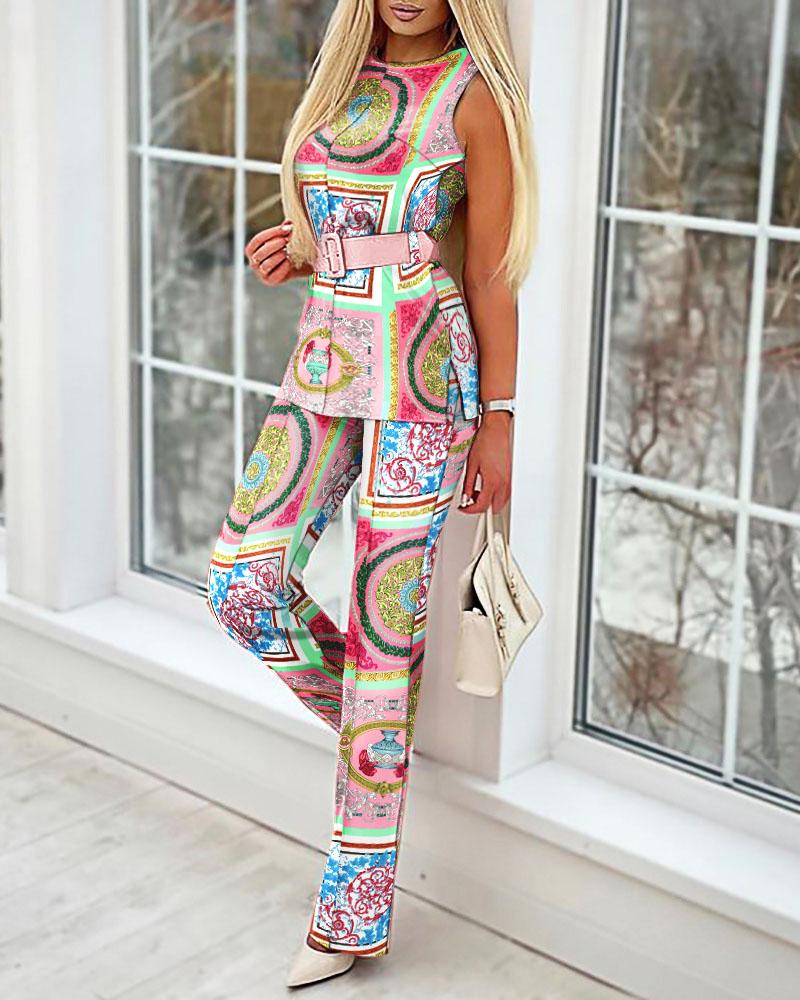 

Scarf Print Sleeveless Split Hem Top & Pants Set, Multicolor