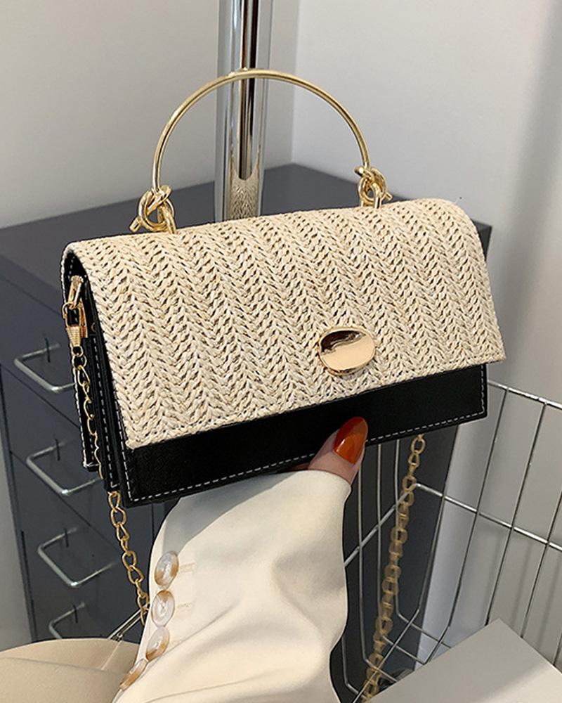 

Chain Strap Straw Flap Shoulder Bag With Handle, Black
