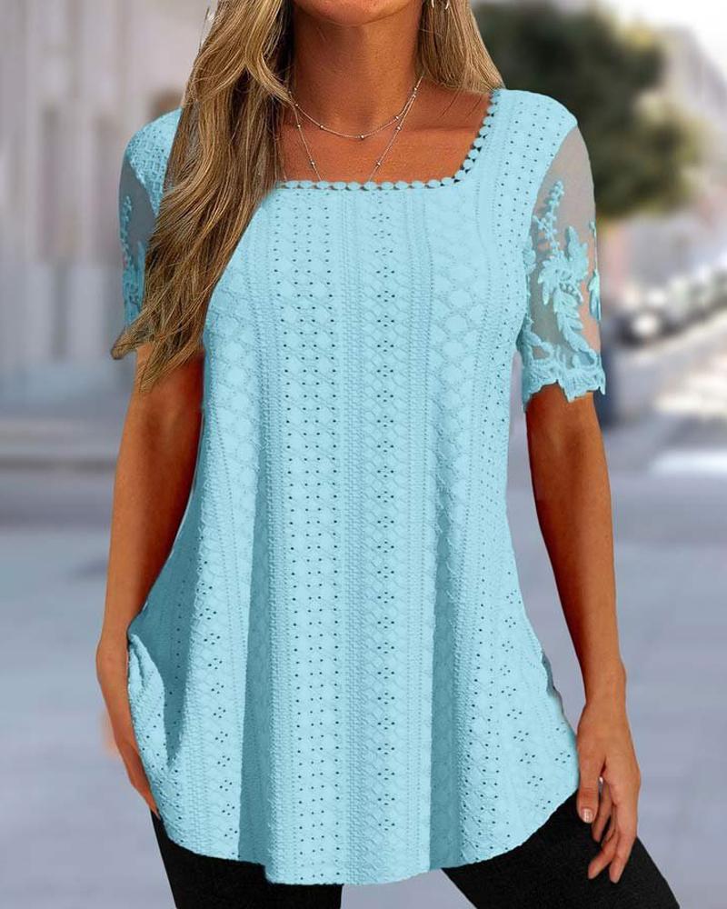 

Lace Patch Eyelet Embroidery T-shirt, Blue
