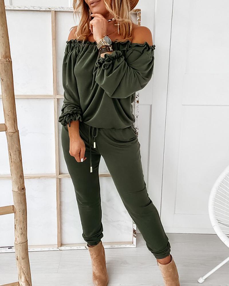 

Off Shoulder Long Sleeve Drawstring Frill Hem Jumpsuit, Army green