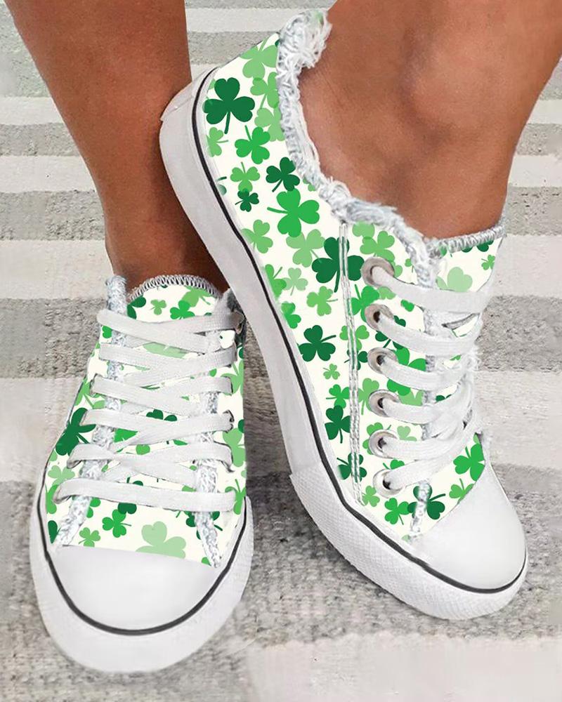 

St. Patrick's Day Clover Print Ombre Fringe Hem Sneakers, White&green