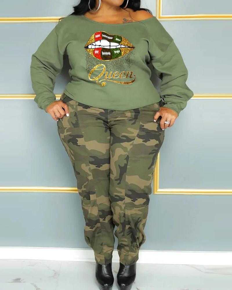 

Plus Size Lip Queen Letter Print Skew Neck Sweatshirt, Army green