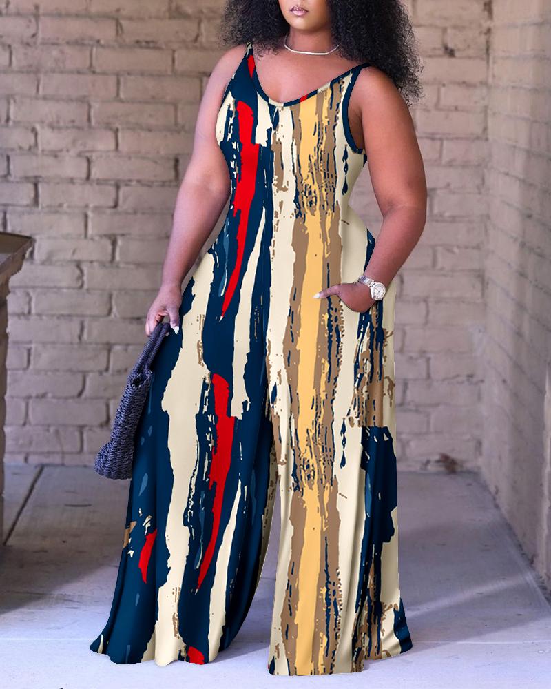Plus Size Abstract Print Striped Pocket Design Jumpsuit