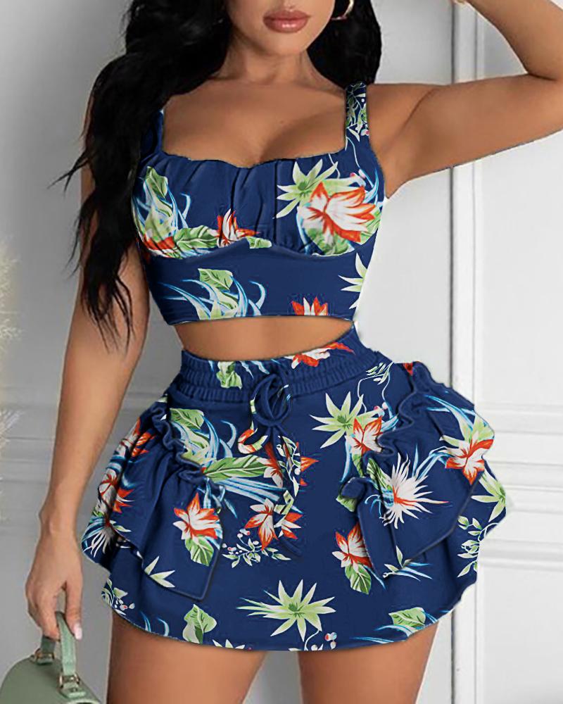 

Floral Print Crop Top & Pleated Drawstring Skirt Sets, Blue
