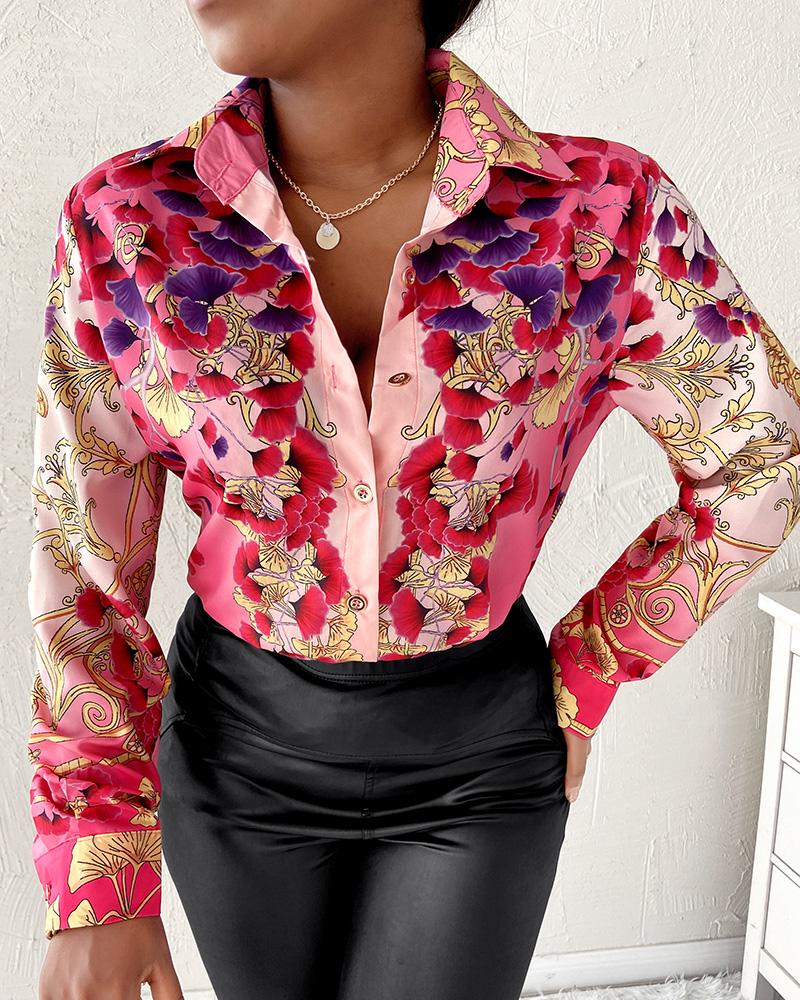 

Long Sleeve Floral Print Button Design Top, Pink