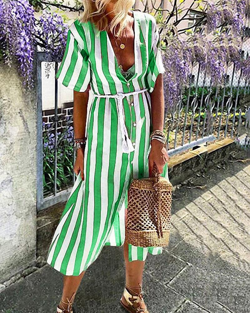 

Striped Button Through Casual Dress, Green