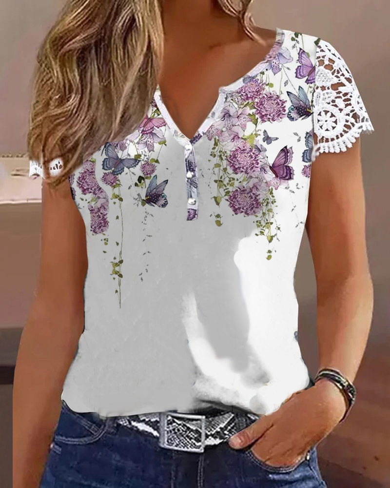 Floral Butterfly Print Notch Neck Lace Patch Top