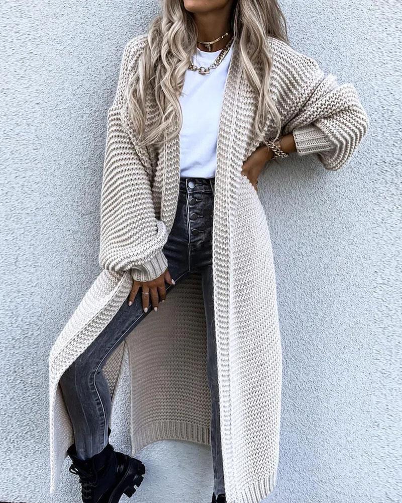 

Lantern Sleeve Split Hem Knit Longline Cardigan, Gray