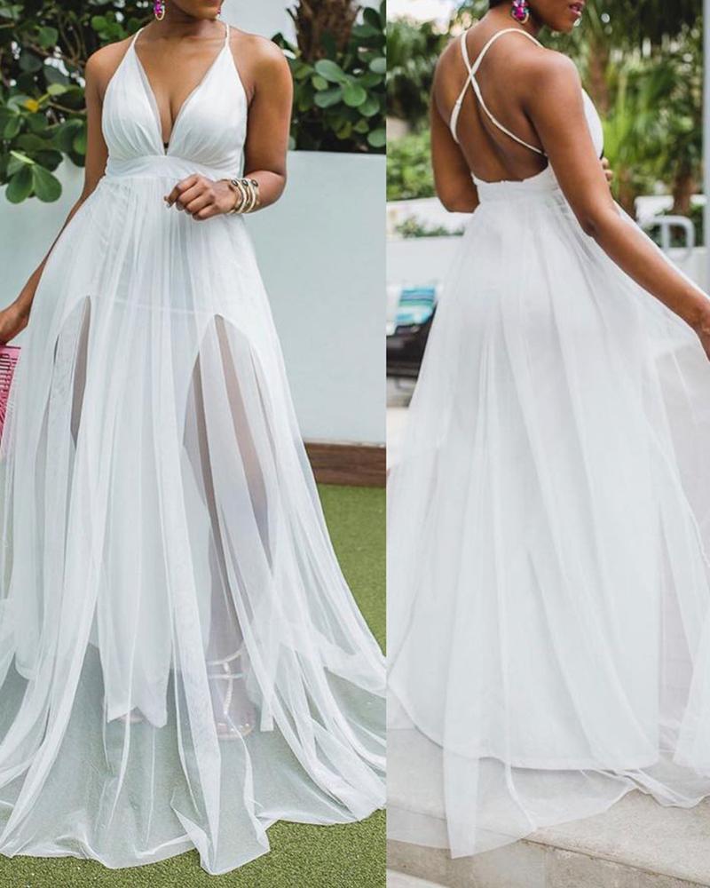 

Crisscross Backless Sheer Mesh Maxi Dress, White