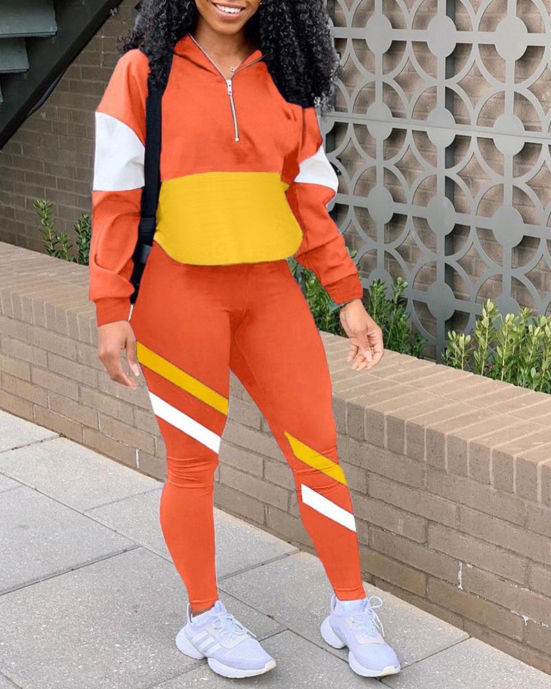 

Colorblock Zipper Detail Casual Top & Pants Set, Orange
