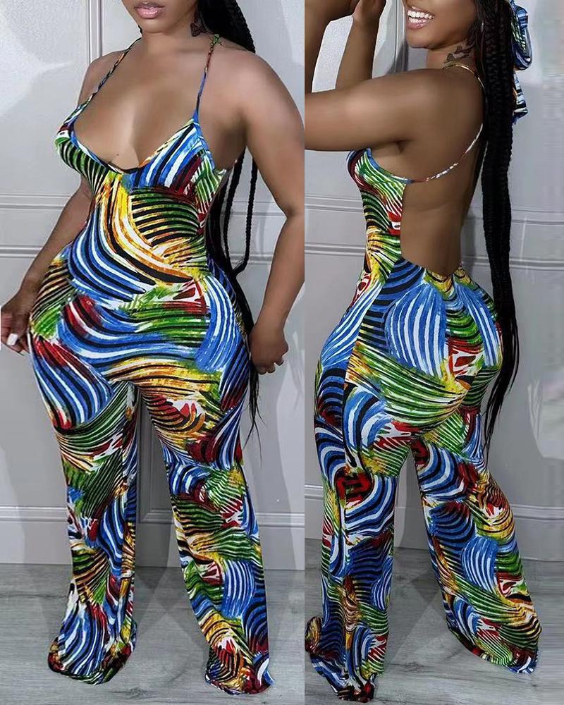 

Abstract Print Backless Criss Cross Wide Leg Jumpsuit, Multicolor