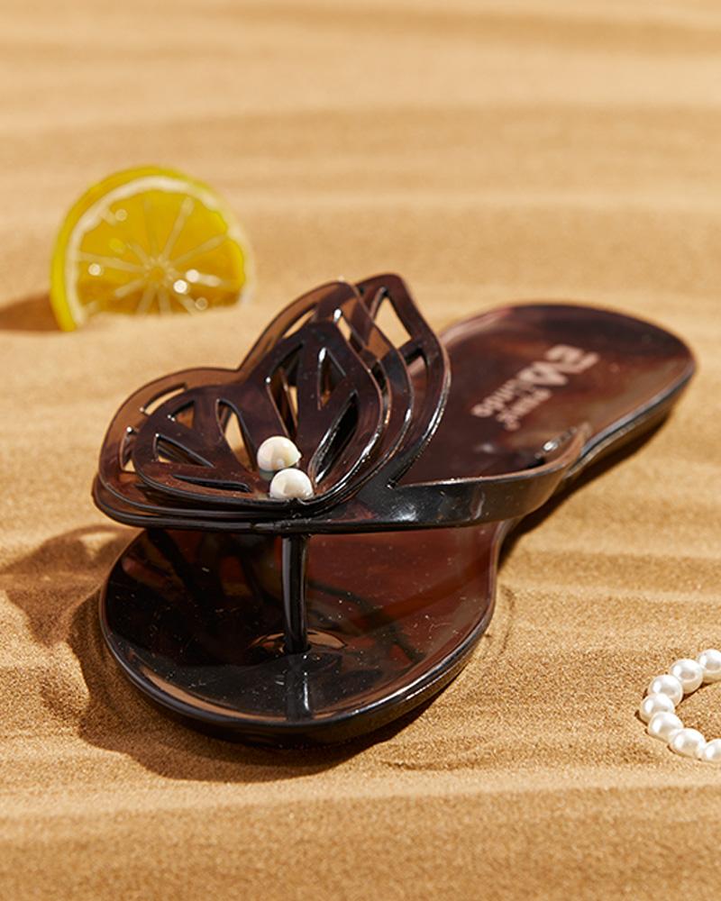 

Beaded Decor Butterfly Pattern Flip Flops, Black