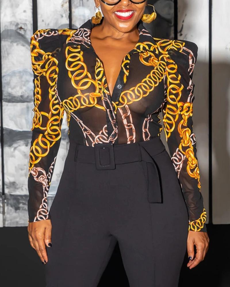 

Chain Print Puff Sleeve Button Down Shirt, Black