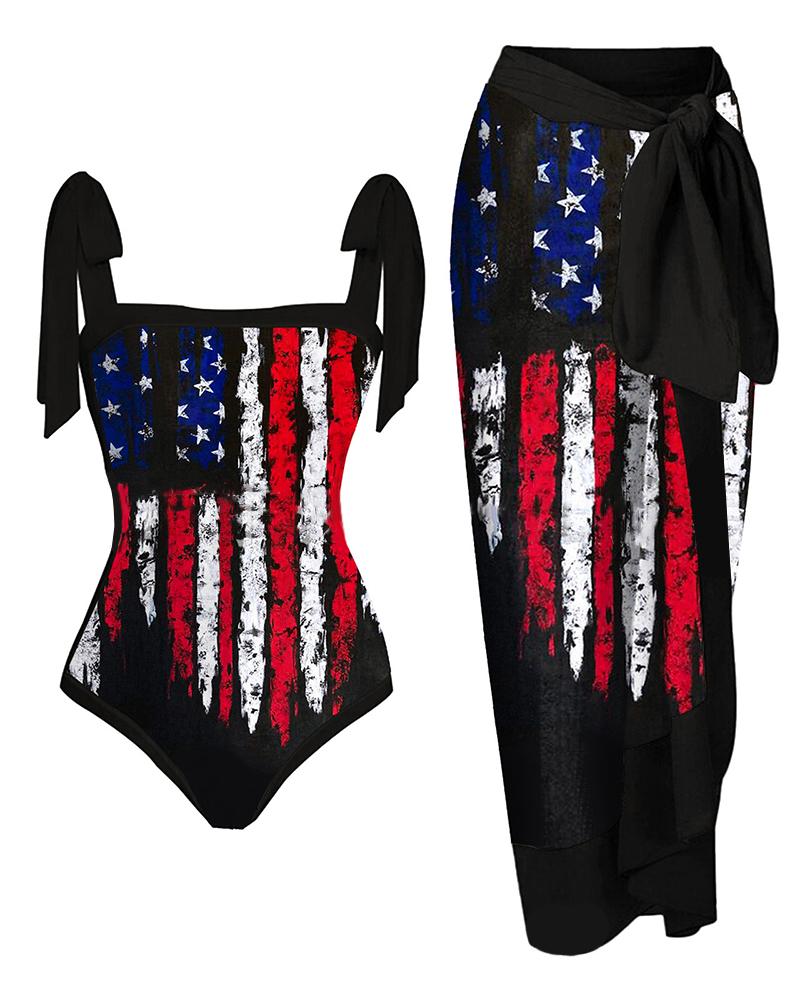 

Independence Day Flag Ink Splash Print One Piece Swimsuit With Cover Up, Black