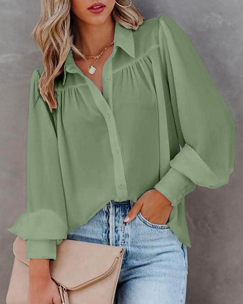 

Lantern Sleeve Ruched Buttoned Shirt, Green