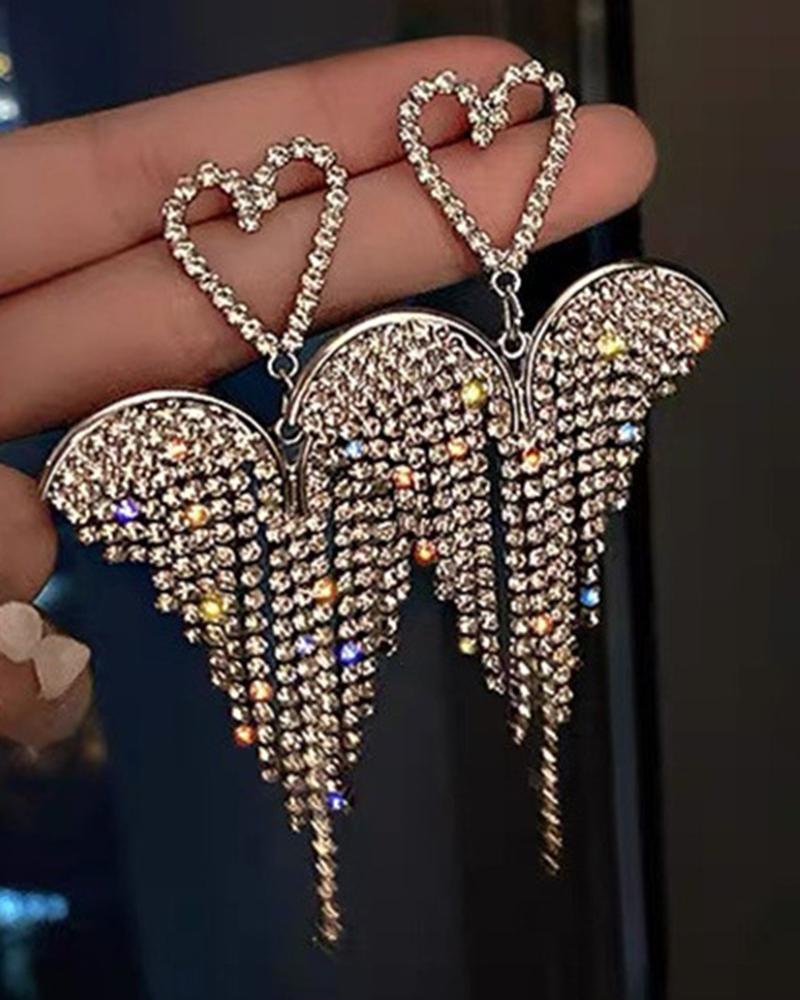 

1Pair Heart Angel Wings Tassel Dangle Earrings, Silver