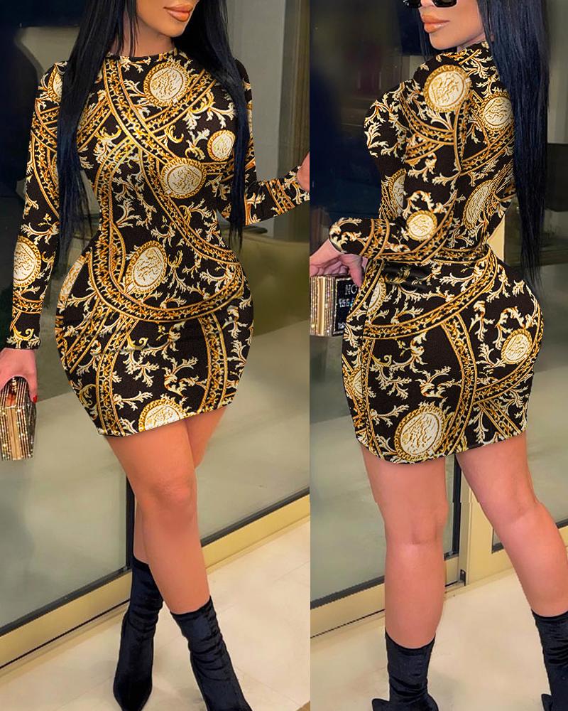 

Baroque Print Long Sleeve Bodycon Dress, Black