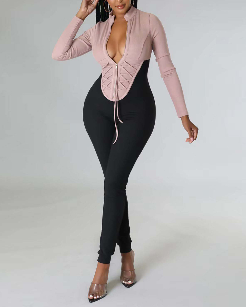 

Colorblock Patchwork Zip Front Long Sleeve Jumpsuit, Pink