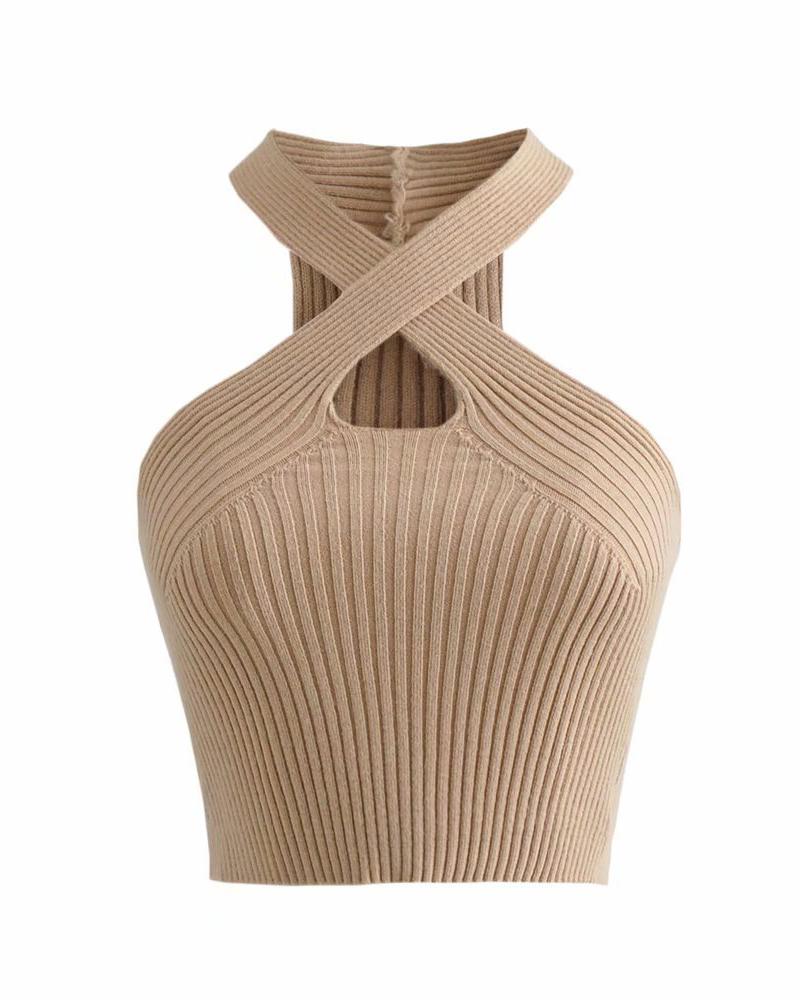 

Cross Halter Cutout Crop Knit Top, Khaki