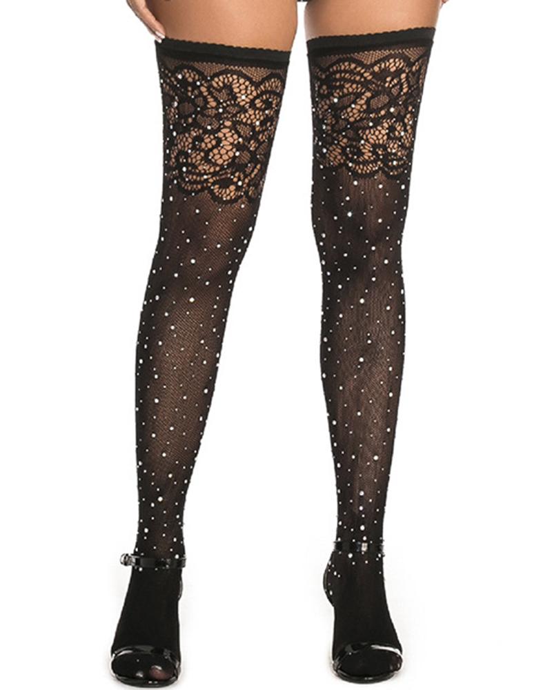 

1Pair Crochet Lace Rhinestone Decor Stockings, Black