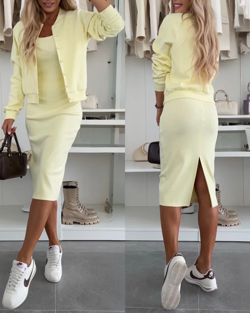 

Ensemble 2 pièces : robe débardeur en tricot coupe slim avec col en U et fente dans le dos, et manteau de baseball à boutons nacrés sur le devant, ensemble décontracté côtelé, Light yellow