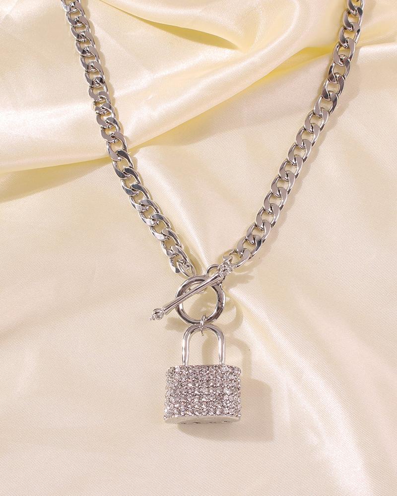 

Studded Lock Pendant OT Chain Necklace, Silver