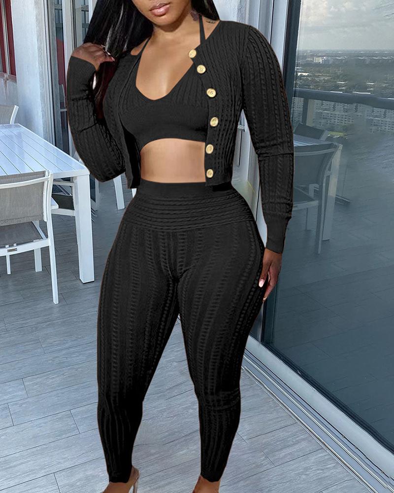 

Buttoned Long Sleeve Top & High Waist Pants Set, Black