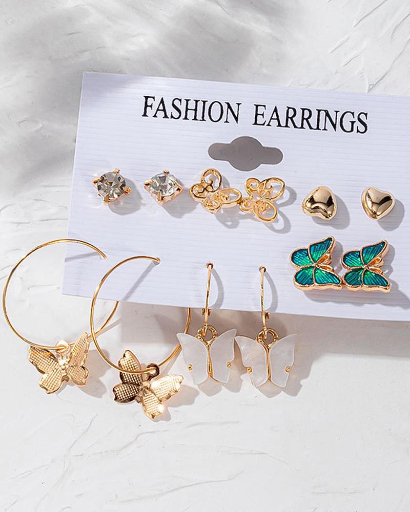 

6Pairs Heart Butterfly Pattern Earrings Set, Gold