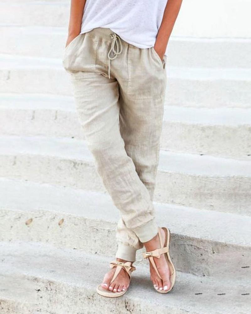 

Pocket Detail Drawstring Casual Pants, Khaki