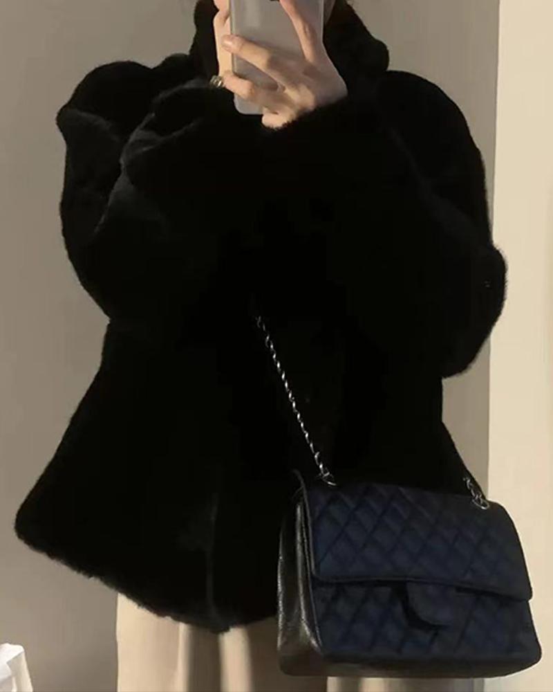 

Womens High Neck Open Front Long Sleeve Faux Fur Crop Coat Soft Winter Warm Jacket Outerwear, Black