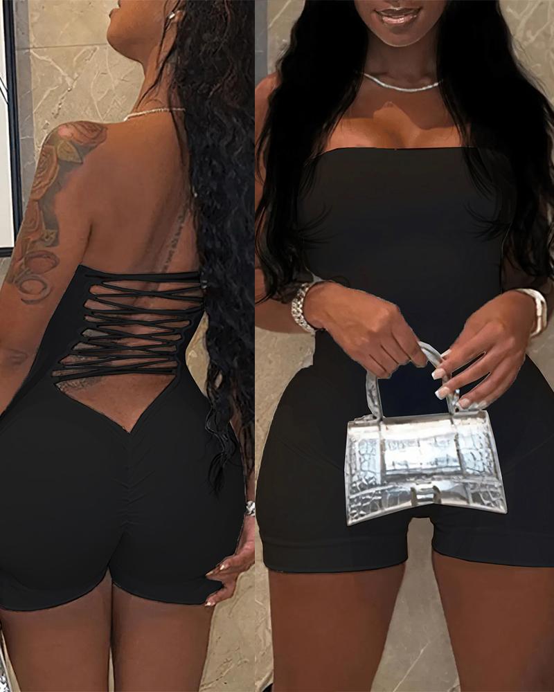 

Bandeau Sleeveless Cutout Backless Romper, Black