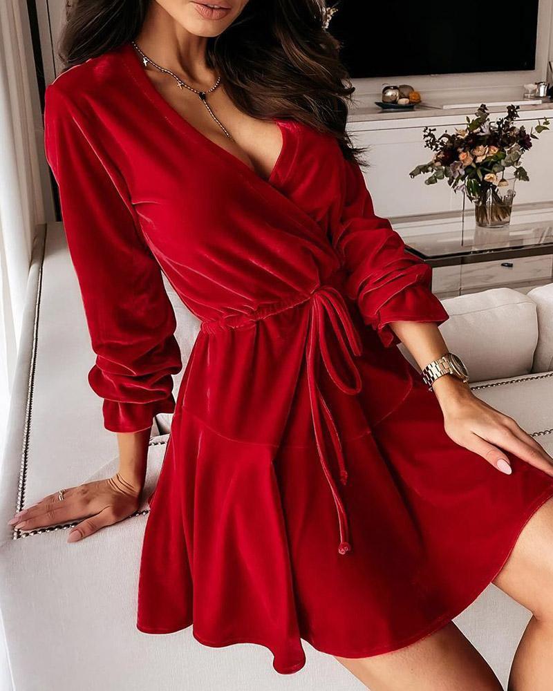 

Velvet Long Sleeve Tie Front Wrap Dress, Red