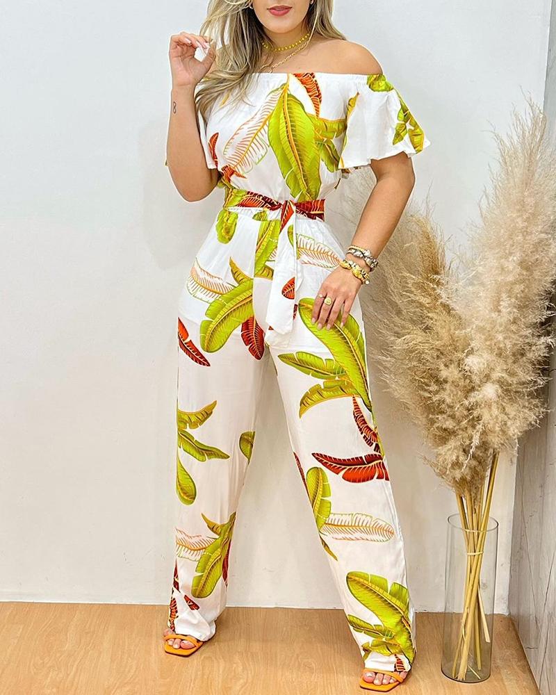 

Leaf Print Off Shoulder Top & Pants Set With Belt, White