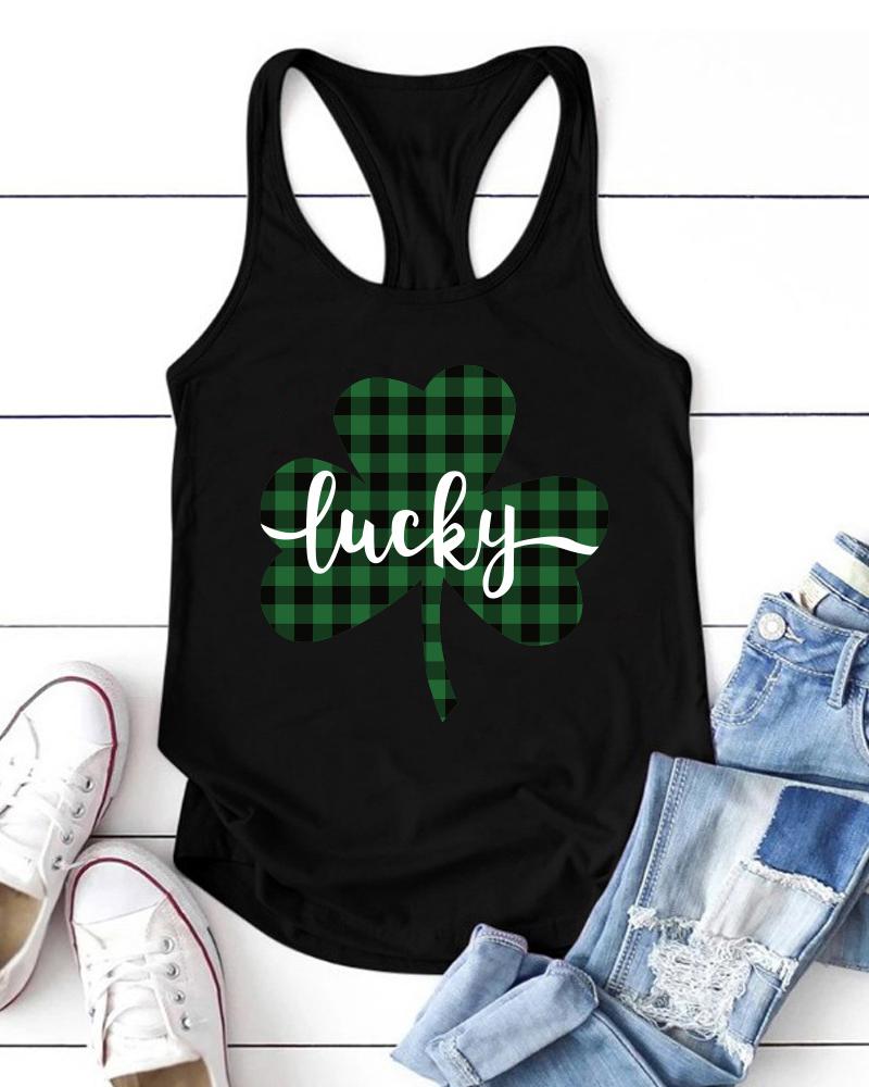

Letter & Plaid Clover Print T-Back Tank Top, Black