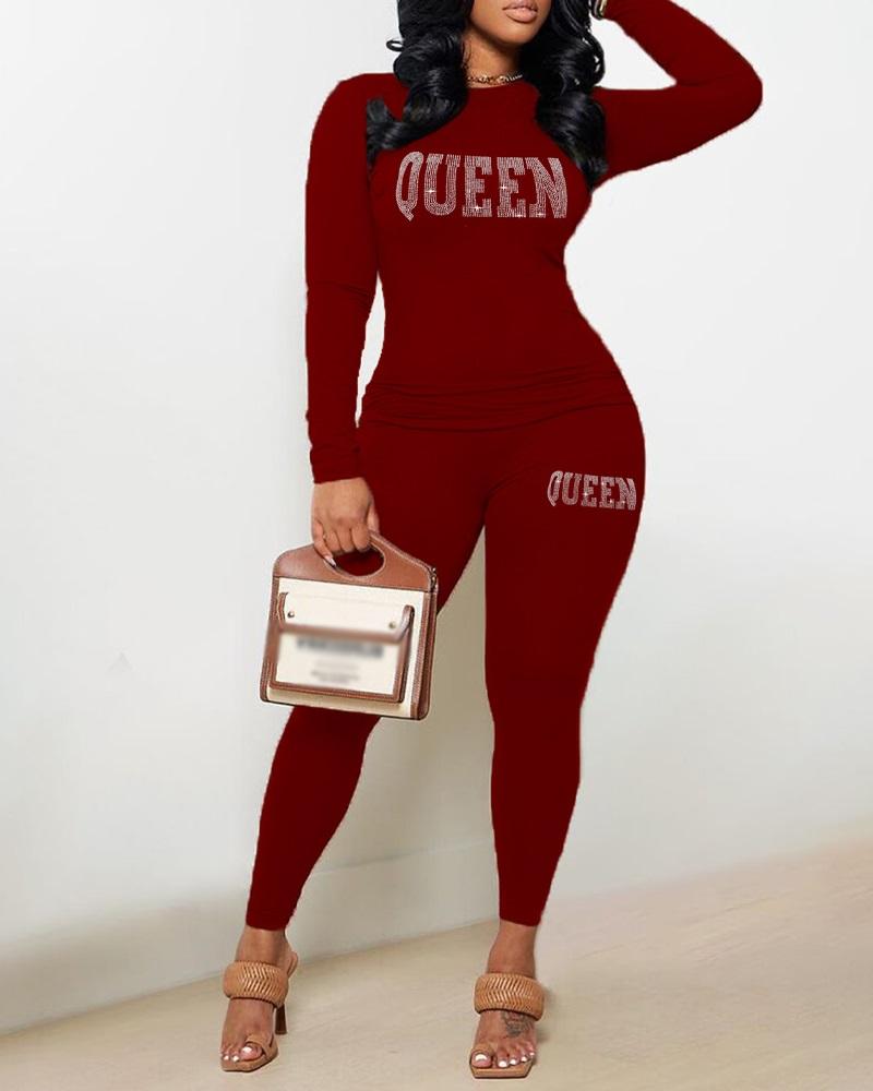 

Rhinestone Letter Pattern Long Sleeve Top & Pants Set, Wine red