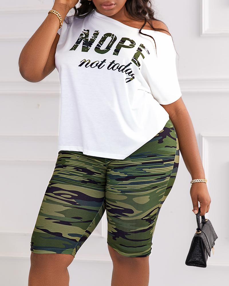 

Plus Size Nope Not Today Camouflage Print Skew Neck Top & Shorts Set, Camoflage