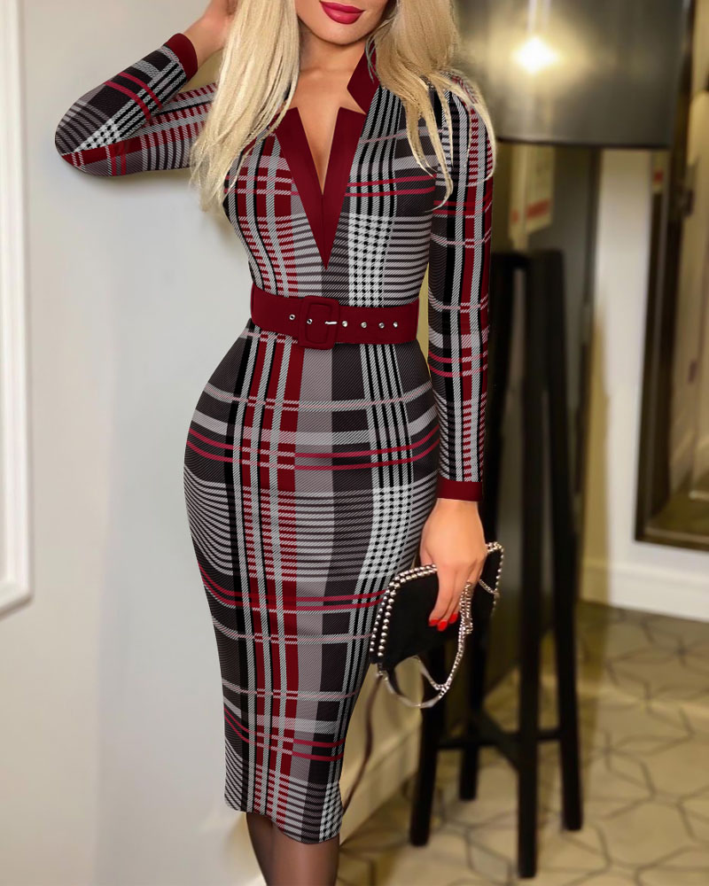 

Plaid Print Long Sleeve Belted Work Dress, Gray