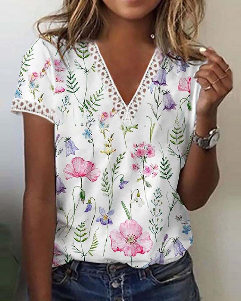 

Floral Print Lace Patch T-shirt, White