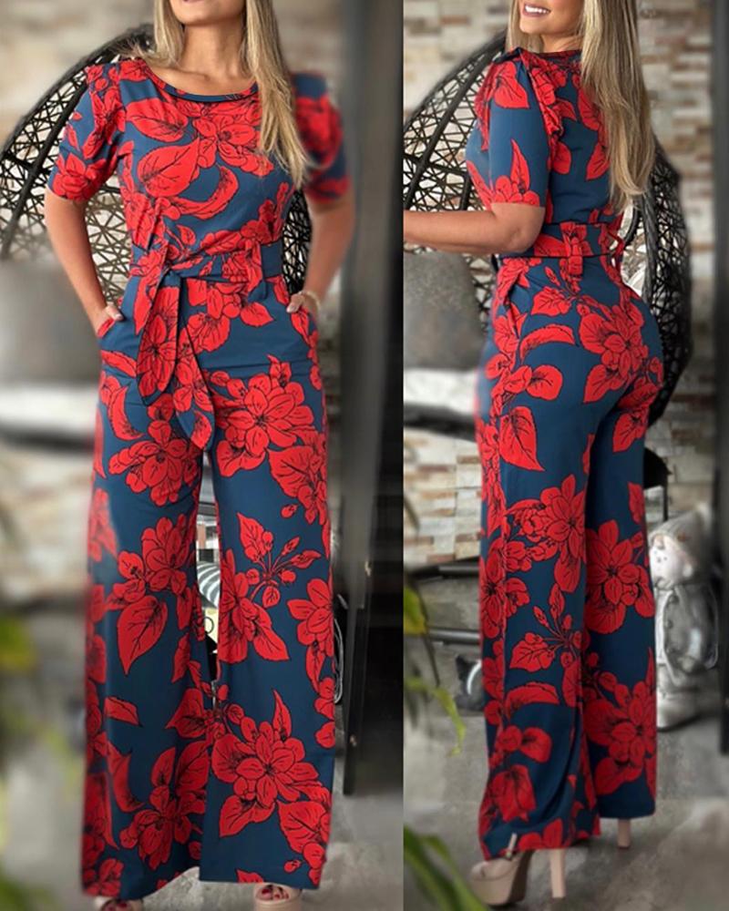 Plants Print Wide Leg Jumpsuit