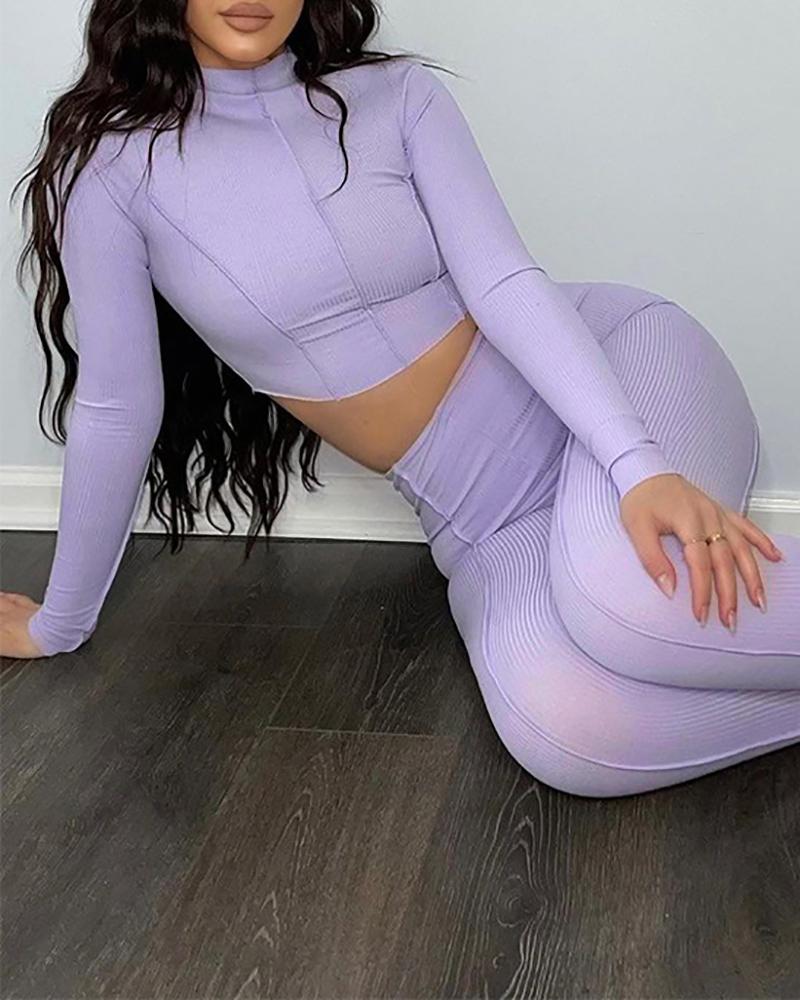 

Two Piece Sets Plain Long Sleeve Top & High Waist Skinny Pants Set Skinny Active Sets, Purple