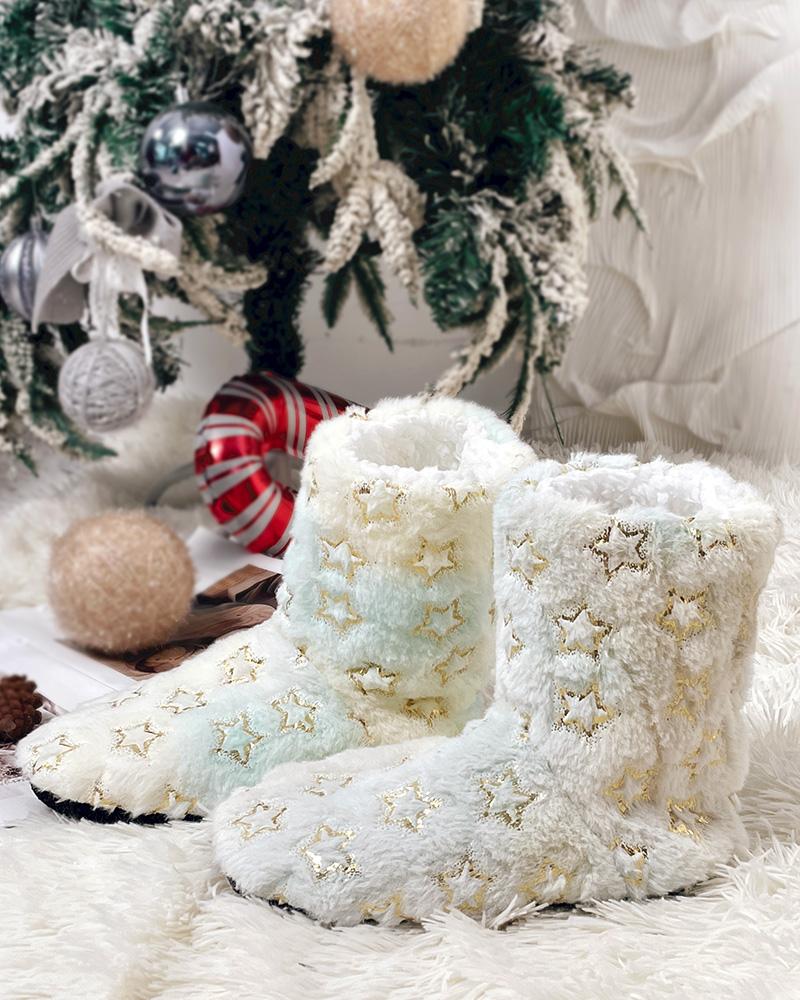 

Christmas Star Pattern Slipper Socks Women Fuzzy Socks Gripper Thick Thermal Home Cozy Socks, Beige