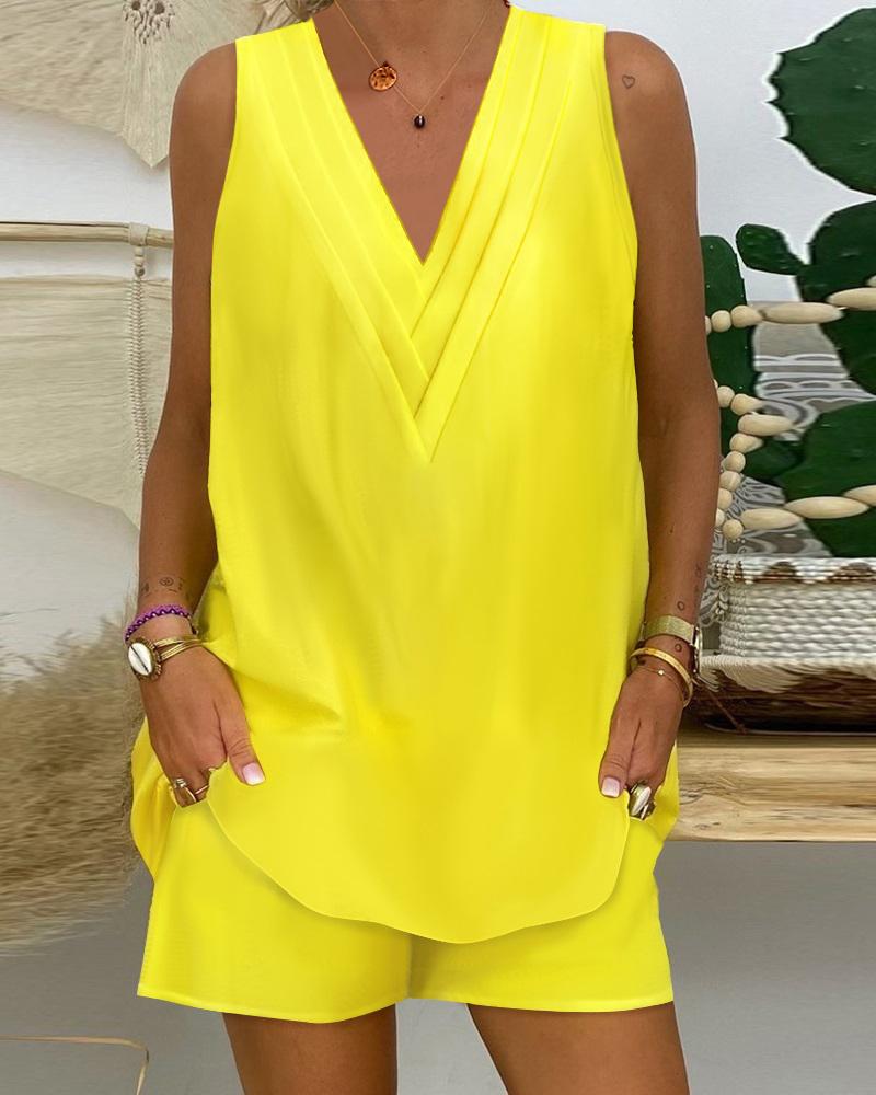 

Ruched Tank Top & Pocket Design Shorts Set, Yellow