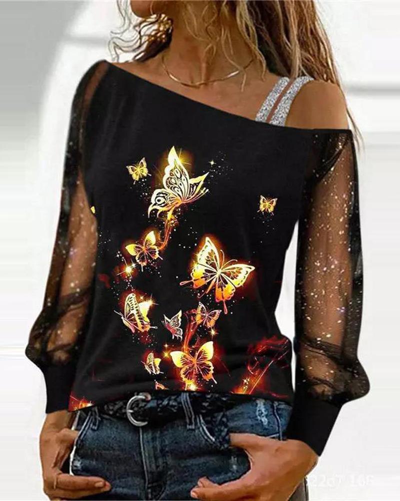 

Butterfly Print Contrast Mesh Cold Shoulder Top, Black
