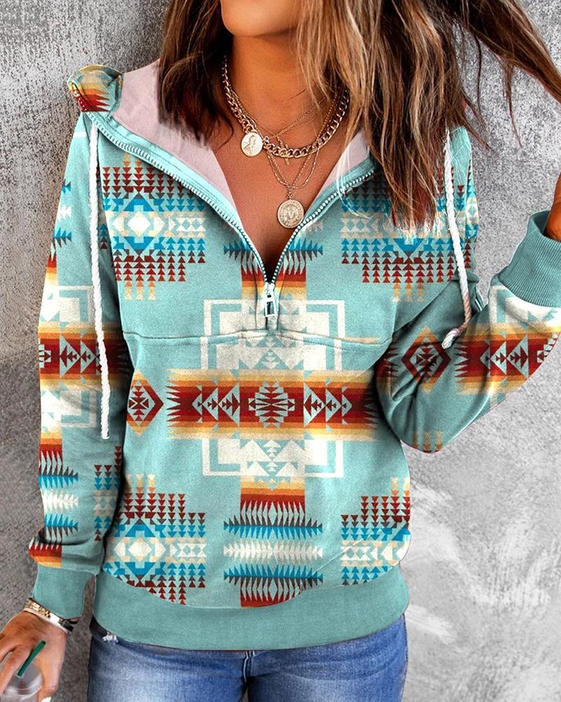 

Aztec Geometric Print Hooded Sweatshirt, Blue